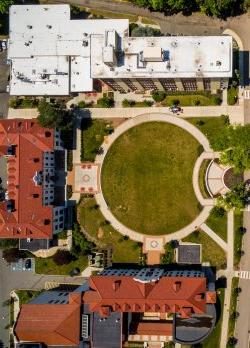 aerial photo of freeman hall, russ hall, and cali school of music